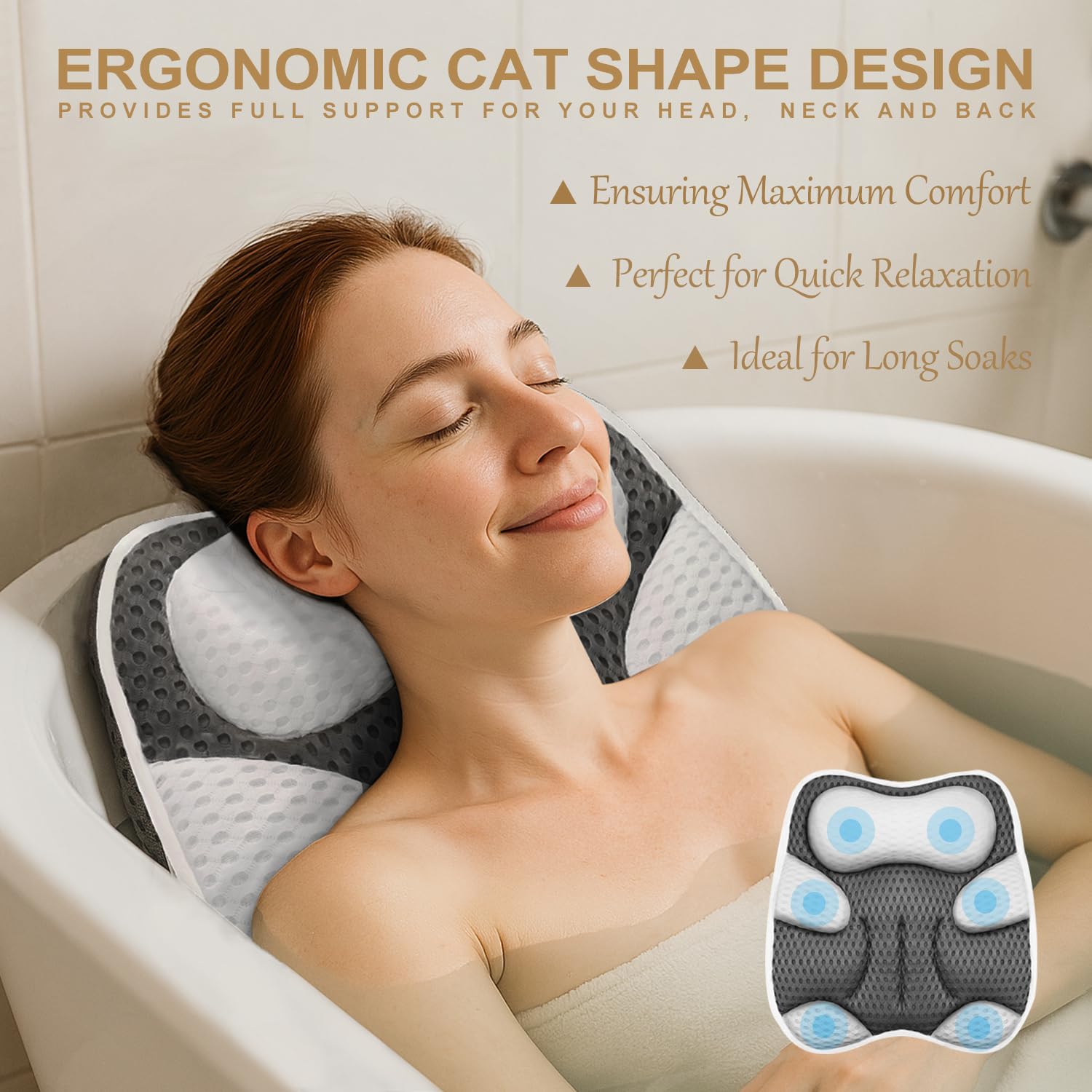 ZYIDBNG Bath Pillow for Tub Ergonomic Cat Shape Design Bath Pillow for Head and Neck Support SPA Gift Bathtub Pillow 4D Air-Mesh with 7 Suction Cups Washable Gray