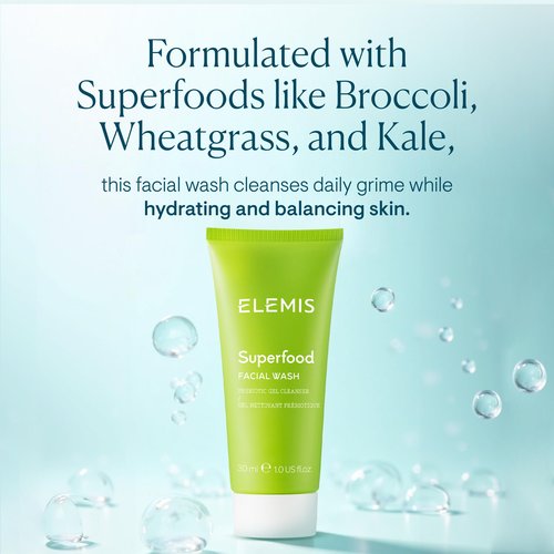 ELEMIS Superfood Facial Wash, 30ml – Revitalizing Daily Prebiotic Gel Wash, Gently Cleanse, Nourish & Balance Skin for Glowing Complexion, Hydrating Facial Cleanser to Remove Grime