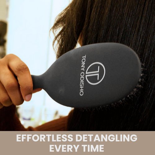 TONY ODISHO Professional Paddle Hair Brush – Cushion Brush with Tourmaline Nylon and First Cut Boar Bristles for Gentle Detangling & Natural Shine (Black, Large)