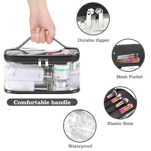 HAOGUAGUA Clear Makeup Cosmetic Bag with Brush Compartment, Portable Waterproof Travel Transparent Toiletry Bags for Traveling Storage Organizer (BLACK)