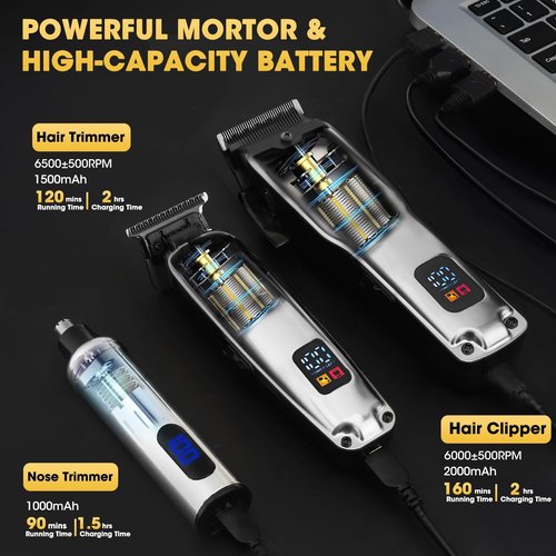 Dumite Hair Clippers for Men,4 in 1 Professional Hair Clippers T-Blade Trimmer Electric Foil Shaver Nose Hair Trimmer Set,Cordless Barber Hair Cutting Men’s Grooming Kit LCD Display Gifts (Silver)