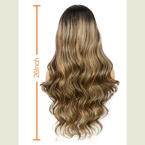 SAPPHIREWIGS Highlight Brown Lace Front Wig Long Wavy Ombre Brown Blonde 13x4 Synthetic Wear And Go Lace Front Wigs for Women Daily Party Use 26 Inches