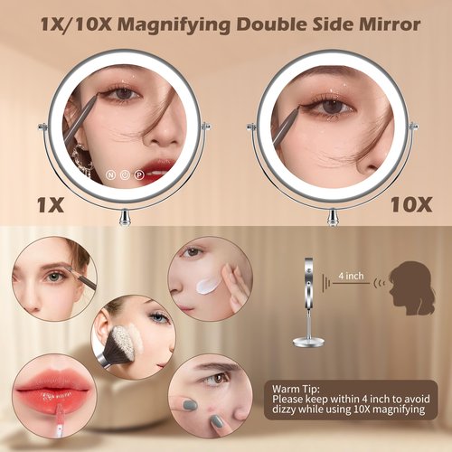 SLIMOON 9" Large Lighted Makeup Mirror, 1X/10X Magnifying Makeup Mirror with 3 Colors Dimmable Lightning, 80 LED Lights, 360°Rotation Double Sided Standing Vanity Mirror