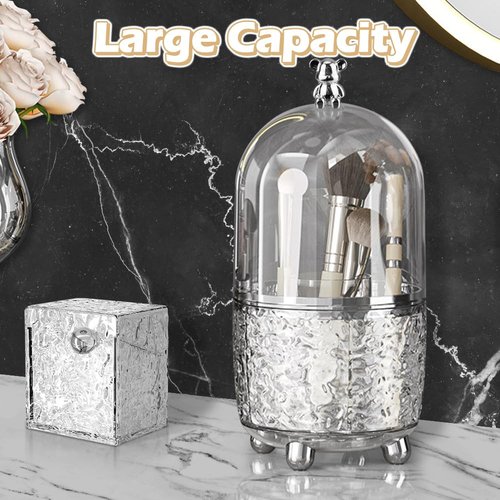HMIEPRS Makeup Brush Holder Organizer with Lid, 360°Rotating Dustproof Makeup Brushes Organizer, 4 Compartment Make Up Brushes Cup for Vanity Desktop Bathroom Countertop (Transparent)
