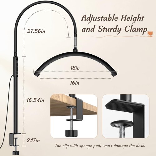 Mznoo Half Moon Light with Clamp, LED Manicure Table Lamp, Desk Lamp for Nail Desk, Eyelash Extensions, Skincare and Tattoo, 5 Brightness Levels and 5 Color Modes, Remote Control (Black)