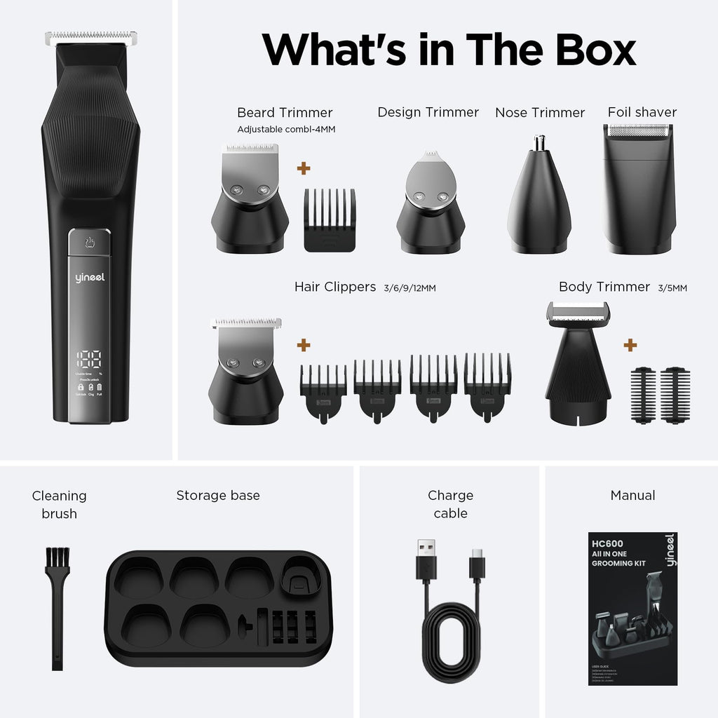 Yineel HC600 Beard Trimmer for Men, All-in-One Cordless Grooming Kit, Waterproof Electric Razor & Hair Clipper for Face Mustache Body Nose Hair Trimming, Precision Blades, Gifts for Men Barber