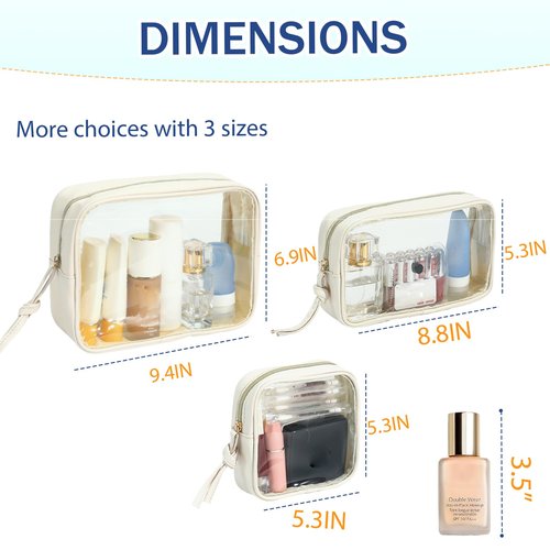 lllyan 3-Piece Travel Makeup Bag Clear Waterproof Toiletry Bag Set Large, Medium Small Sizes Travel Toiletry Organizer Pouch Cosmetic Storage for Bathroom (Beige)