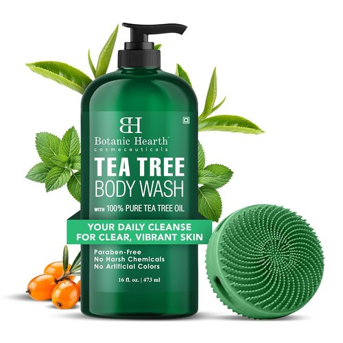 Botanic Hearth Tea Tree Body Wash - Infused with 100% Pure Tea Tree Oil & Coconut | 16 fl oz Cleanser with Dual-Sided Brush