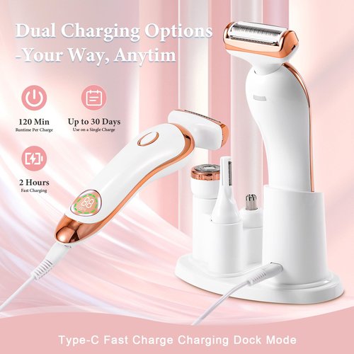 Bikini Trimmer for Women,4-in-1 IPX6 Waterproof Electric Shaver,USB Cordless Painless Electric Razors with LED Display for Legs Bikini Facial Hair Removal, Body Wet&Dry Use Razor Kit for Lady Grooming