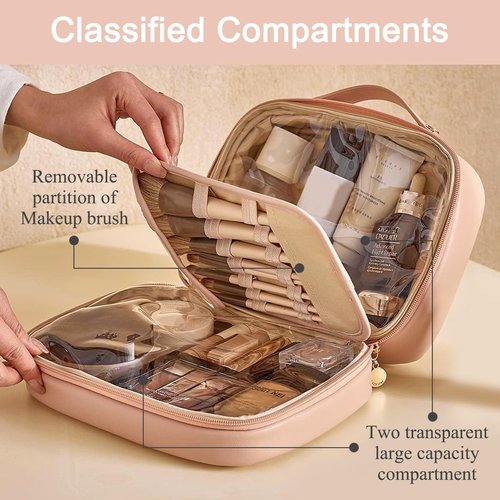 BAKLUCK Travel Makeup Bag Large Capacity Transparent Double Sided Cosmetic Bags with Makeup Brush Compartment- PU Waterproof Leather Makeup Toiletry Organizer Bag for Women,Pink