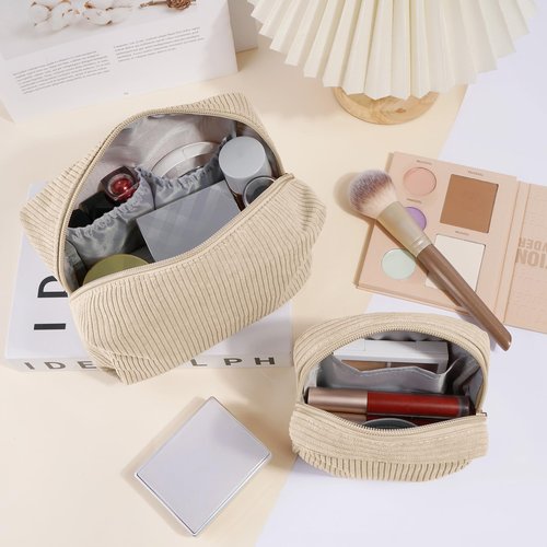 MAGEFY Makeup Bag 2 Pcs Corduroy Cosmetic Bag Small Makeup Bags for Women Travel Pouch with Slip-in Pockets（Beige）
