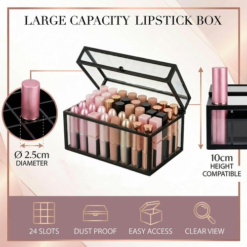 Krdrgey 40 Lipsticks Organizer with Lid, Glass Display Box Fits Large Perfume & Skincare, Easy-Access Organiser for Vanity Countertop, Multifunctional Display Box in Any Rooms (black, 40 slot)