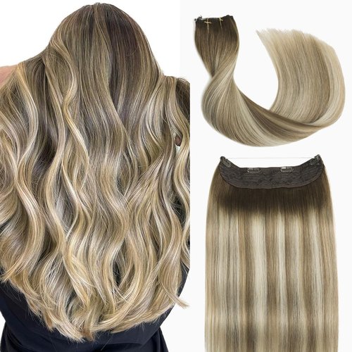 Sindra Wire Hair Extensions Real Human Hair 3/8/22 Balayage Walnut Brown to Light Brown With Blonde Invisible Wire Hair Extensions Transparent 14inch 70g Seamless Fish Line Hairpiece for Women