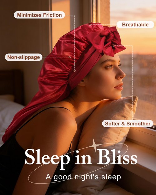 AWAYTR Long Satin Bonnet for Women - Double Layer Elastic Silk Bonnet for Braids Hair Sleeping Cap with Tie Band (Wine Red)