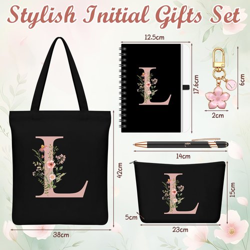 Talltalk 5 Pcs Personalized Women Gifts,Initial Tote Bag,Makeup Bag,Keyring,Notebook,Ballpoint,Black Alphabet Gifts for Women(Letter L)