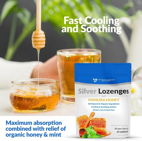 Silver Lozenges with Organic Manuka Honey & Vitamin C - Immune Support & Soothe Throat, 24 Count