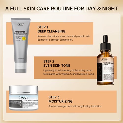 VGO Skin Care Set, with Snail Mucin 92% Moisturizer 1.76 Oz, Vitamin C Serum 1.01 Oz & Dual-Tube Facial Cleanser 3.52 Oz, Daily Routine Kit for Sensitive Skin, Vegan & Cruelty Free