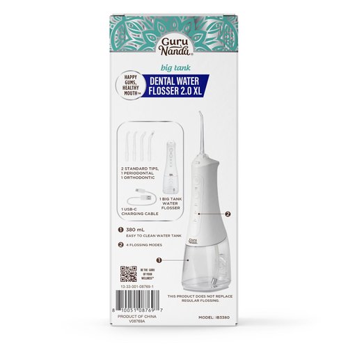 GuruNanda Water Dental Flosser 2.0 XL – 380ML Large Tank, 4 Flossing Modes, Cordless & Portable with Smart Timer for Deep Cleaning & Happy Gums - White