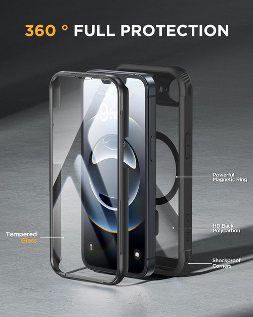 Miracase iPhone 17e & 16e Case - Full-Body Protection with Built-in Glass Screen Protector | Military Drop Proof, Black 6.1 Inch