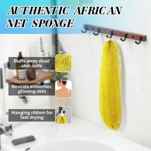 SpiralScgv African Net Sponge Exfoliating Glove for Body and Face, Double Knotted Bath Sponge for Deep Cleansing and Gentle Exfoliation, Reusable and Quick-Dry （ Yellow ）