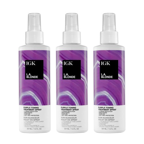 IGK L.A. Blonde Purple Toning Treatment Spray - 3 Pack Leave-In Violet Spray for Brass Neutralization & Hydration | 450°F Heat Protection, Vegan & Color-Safe