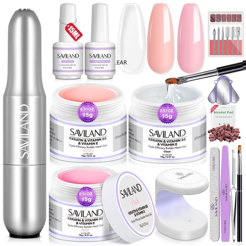 SAVILAND Builder Gel Nail Kit with Nail Drill - 3 Pcs Hard Gels for Nails(VE&VB5&Kerain) Clear Pink Nudes Builder Gel with Lamp Brush Nails Strengthener Gels for Extension Shaping DIY at Home Salon
