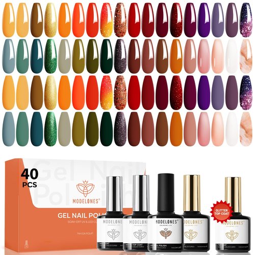modelones 40 Pcs Gel Nail Polish Set, Nude Brown Green Red Purple Orange Gold Jelly White Colors Blooming Gel Polish Kit with Base Coat & Matte Glitter Glossy Top Coat DIY Mani Gfit