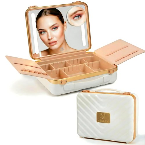 NJ GLAM Lighted Makeup Case with Mirror - Portable Travel Makeup Organizer with LED Mirror, 3 Light Settings, ADJUSTABLE DIVIDERS, Makeup Bag with Mirror and Light - Mini 10x Mirror included
