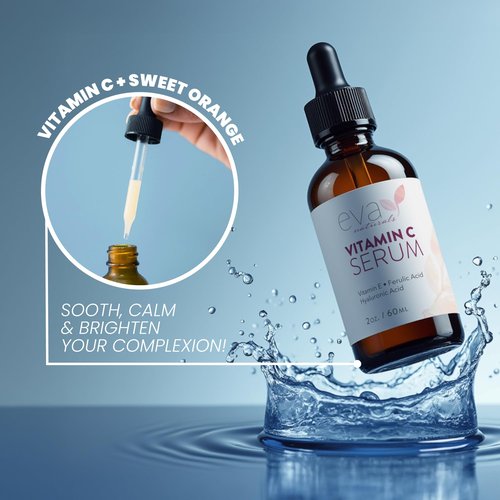 Eva Naturals Vitamin C Serum for Face - 20% Vit C with Hyaluronic Acid, Ferulic Acid & Vitamin E - Facial Serum for Dark Spots, Acne, Anti Aging, Glow & Even Skin Tone, 2 Fl Oz