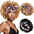 IJRPLM 2Pcs Silk Bonnet for Sleeping,Large Satin Bonnet with Tie Band,Night Sleep Cap for Women,Satin Bonnet for Curly Hair(Champagne gold + Black)