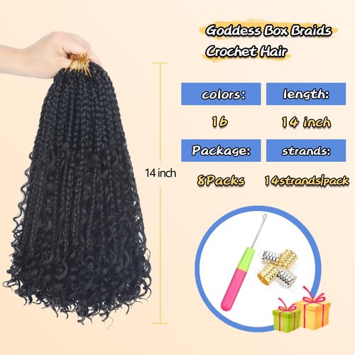Goddess Box Braids Boho Crochet Hair - 14Inch Pre-Looped Box Braids With Curly Ends (14 Inch, Pack of 8, #1B)