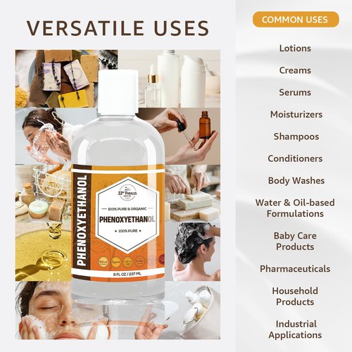 PHENOXYETHANOL Preservative Liquid (32 oz) Paraben-Free; Formaldehyde-Free; Water & Oil Soluble | Suitable for Soap Making, Lotions, Conditioners, Creams | Keeps Products Fresh & Safe | 32 Ounces