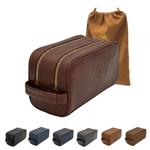 VI PRESTIGE Travel Toiletry Bag For Men, Premium PU Leather, Metal Zippers and Bottom Studs, Travel Essentials For Men, Waterproof Toiletry Bag, With Velvet Dust Bag, Men Birthday Gifts/DARK BROWN