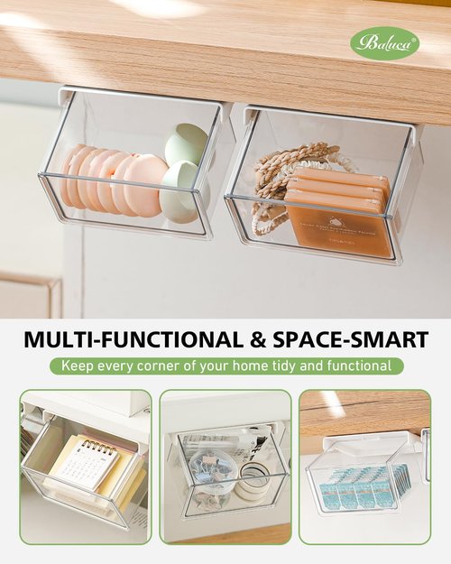 BALUCA Small Clear Stackable Storage Drawers – 33° Angled Acrylic Makeup Organizer for Vanity, Undersink & Kitchen Cabinets | Multi-Purpose Plastic Storage Bins & Drawer Organizer Bins (Small)