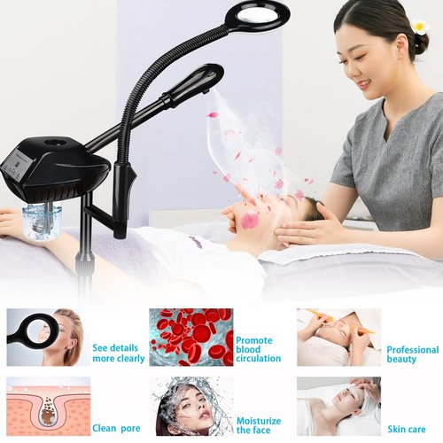 Professional Facial Steamer on Wheels, 2-in-1 Facial Steamers with 5X Magnifying Lamp, Facial Steamer for Facial Deep Cleaning, Facial Humidifier for Spa, Salon and at Home Use
