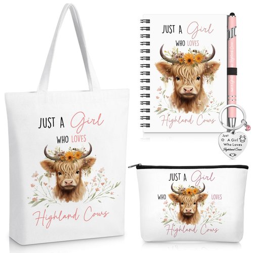 Sinmoe 5 Pcs Highland Cow Gift Set Women Christmas Highland Cow Lovers Stuff Canvas Tote Bag Makeup Bag Keychain Notebook Pen(Pink,Classic)
