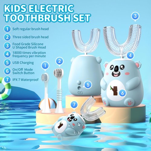 QDCYP Kids U Shaped Electric Toothbrush, Automatic 360° Sonic Cleaning, 6 Modes, 4 Brush Heads, Cute Cartoon Koala Design (2-6 Age (Grey Blue))