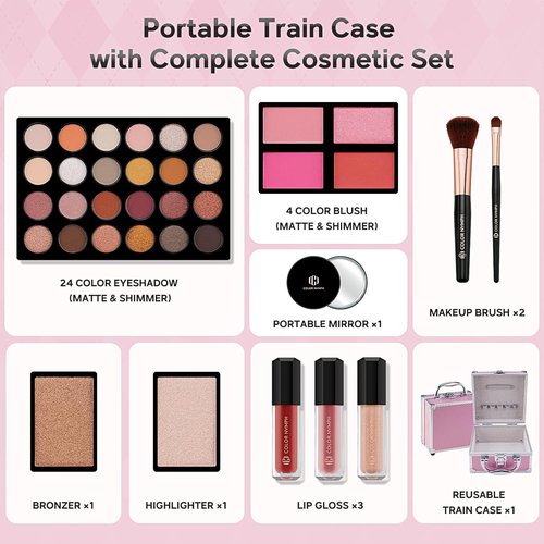 Skiennix Beginner Makeup Kit for Teens - 24-Color Eyeshadow Palette, Blush, Bronzer, Lipstick & Case (Pink)