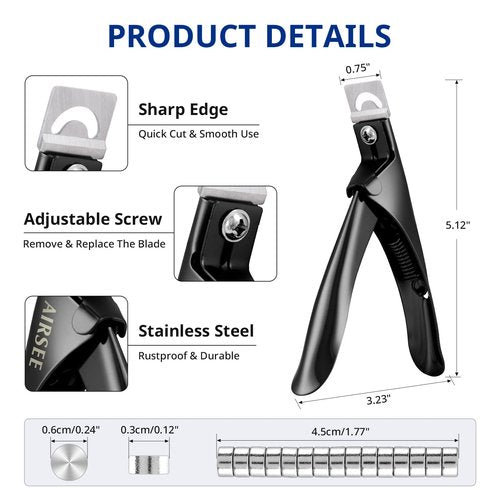 AIRSEE Professional Acrylic Nail Clipper with 15PCS Magnets Fake False Nails Tip Cutter Nail Trimmer for Artificial Nail Manicure Nail Art Tool Home DIY Use Black