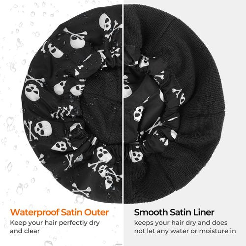 Shower Cap for Men Skulls Bath Cap, Reversible Large Waterproof Adjustable Shower Caps Terry Lining & Elastic Band Stretch Hem Hair Hat