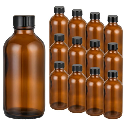 Exlvanto Small Glass Bottles with Lids Boston Round Shot Bottles for Health, Immunity, Ginger Juice, Essential Oils, Potion - Leak Proof Mini Travel Containers (Amber UV, 4oz-12Pack)
