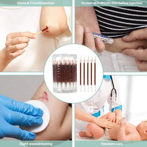 Sterile Iodine Swabs for First Aid | Single-Use Antiseptic Cotton Sticks | Wound Disinfection, Portable & Convenient for Travel, Home, Kids & Outdoor Emergencies