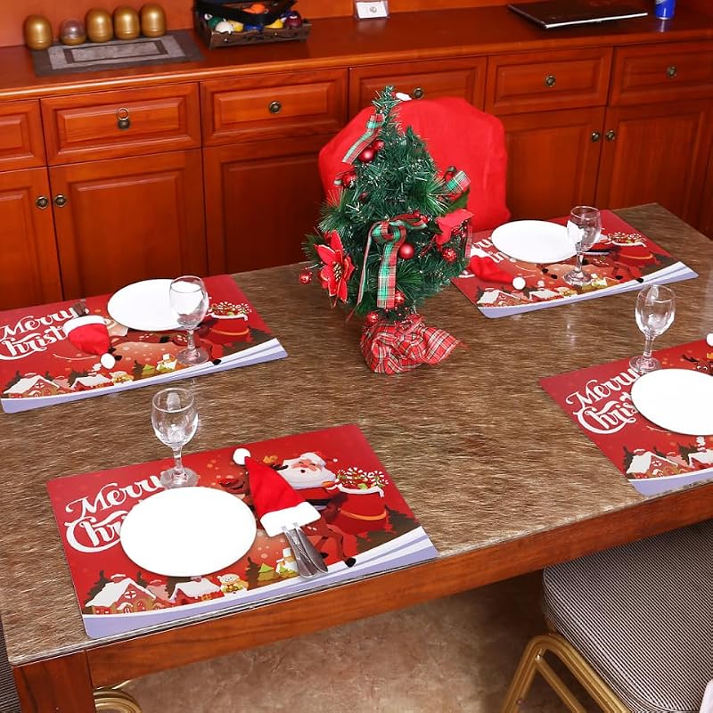 Christmas Placemat Set Waterproof Table Mats - Red Santa Reindeer Snowflakes, 17.3x11.8 Inches, 6 Pack