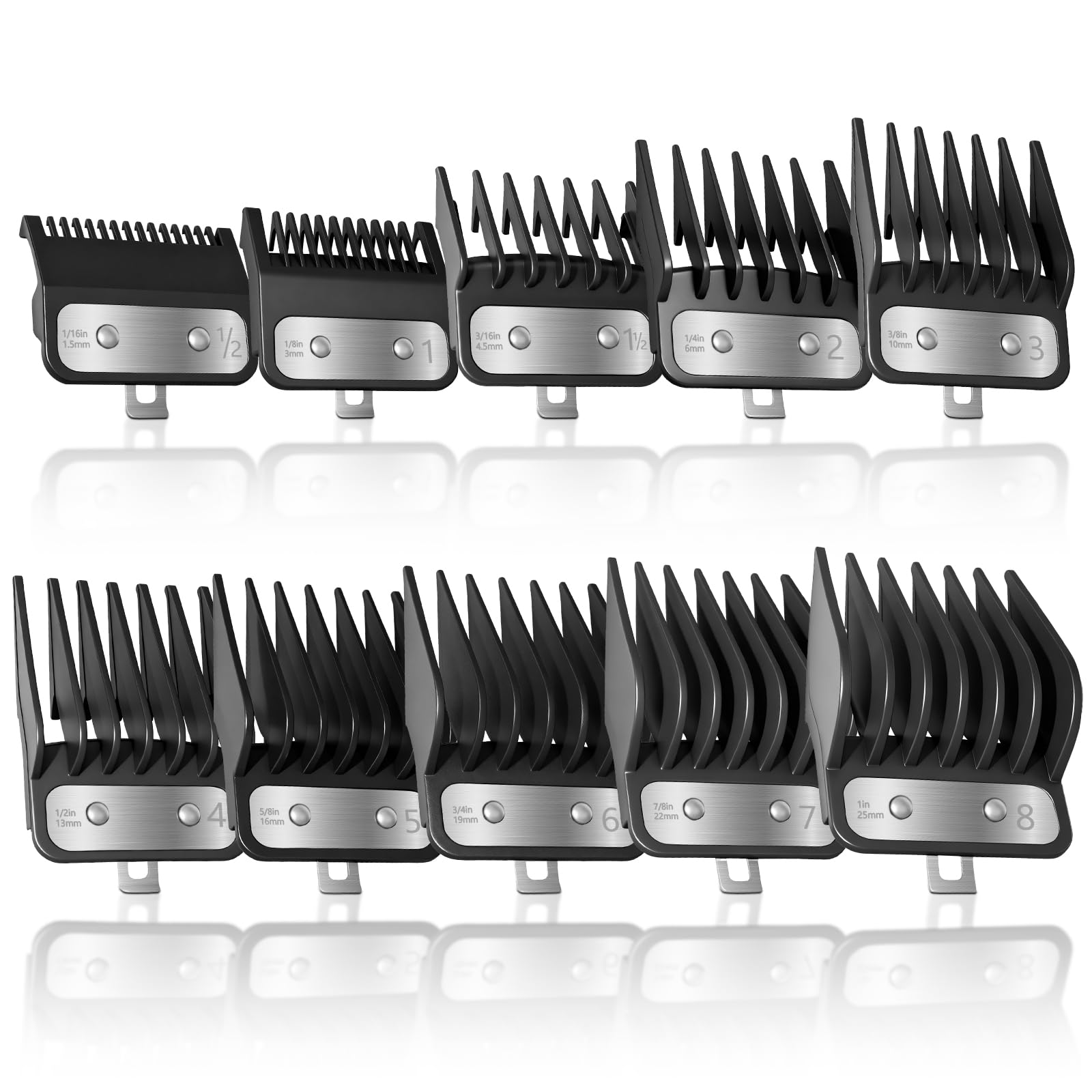 10Pcs Clipper Guards Set for Wahl Clipper Guards Set with Metal Clip，Professional Hair Clipper Guards Cutting Guides Compatible with Most Wahl Clippers from 1/16" to 1"(Black）