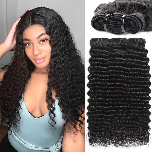 Deep Wave Human Hair Bundles 12 14 16 Inch Deep Curly Bundles Human Hair Double Weft 12A Brazilian Virgin Remy Hair Full and Thick