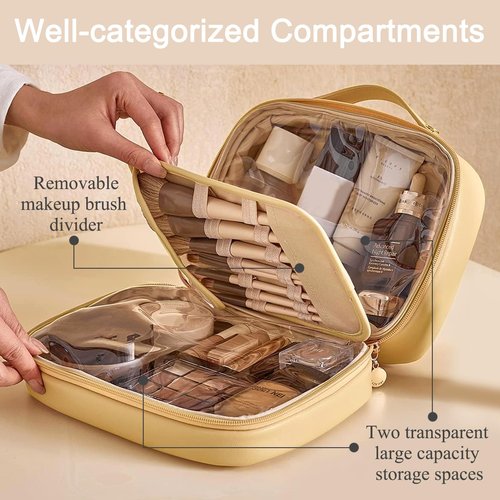 BAKLUCK Travel Makeup Bag Large Capacity Cosmetic Bags with Compartment Open Flat Make up Organizer Waterproof Leather for Women,Yellow