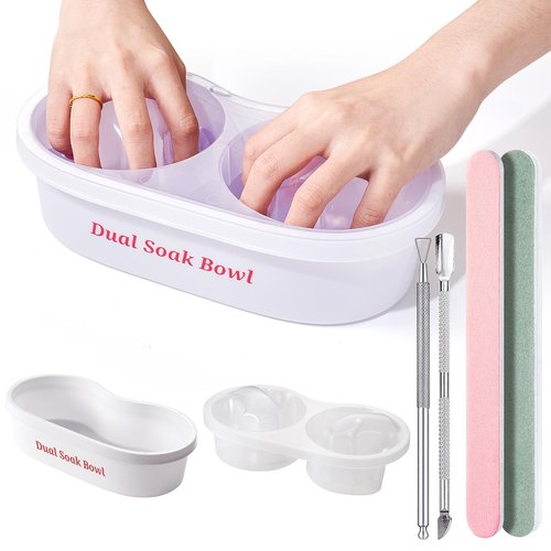 Dual Nail Soaking Bowl Acetone Proof: Nail Polish Acrylic Nail Remover Soak Off Bowl- Dip Powder Remover Manicure Bowl for Salon Home Use (D1-White)
