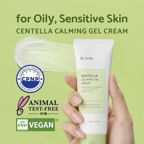IUNIK Centella 70% Calming Gel Cream Vegan Non-Sticky Moisturizing Blemish Care w/Centella Asiatica Tea Tree 10% Soothes Acne Rosacea Oily & Sensitive Skin Korean Skincare BOGO 1+1