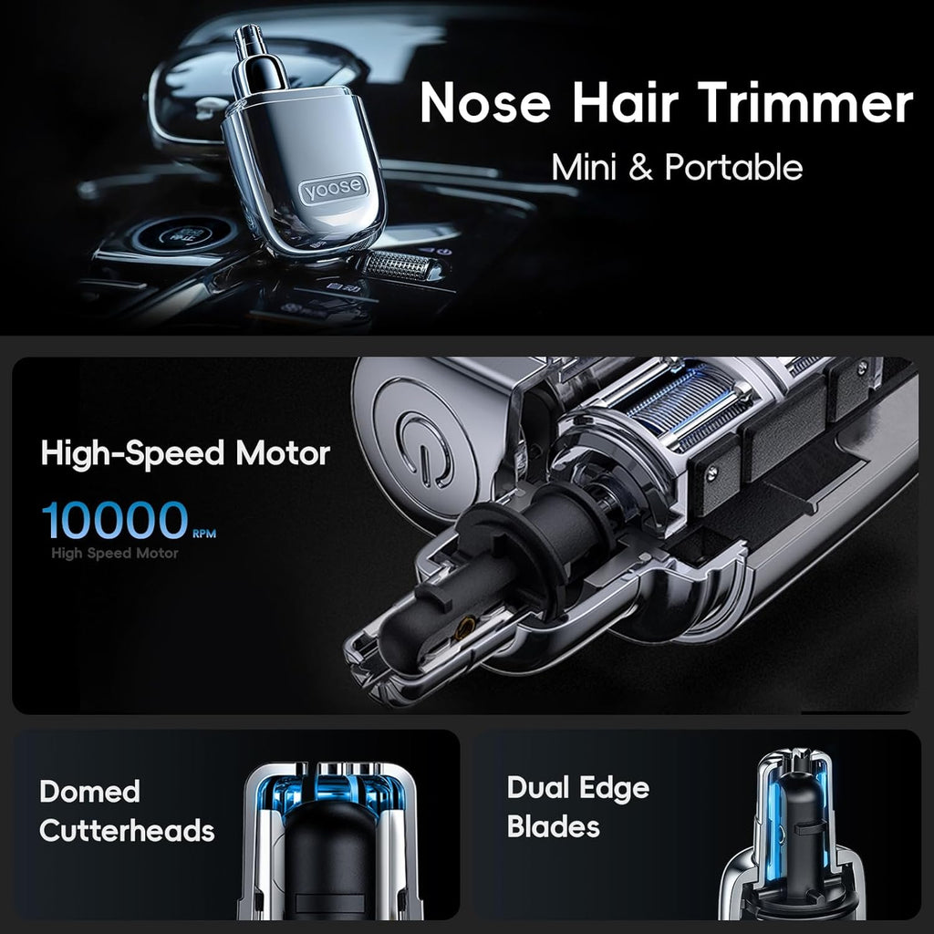 Yoose Nose Hair Trimmer - Rechargeable & Waterproof, Painless Dual Edged Blades, Portable Silver Design
