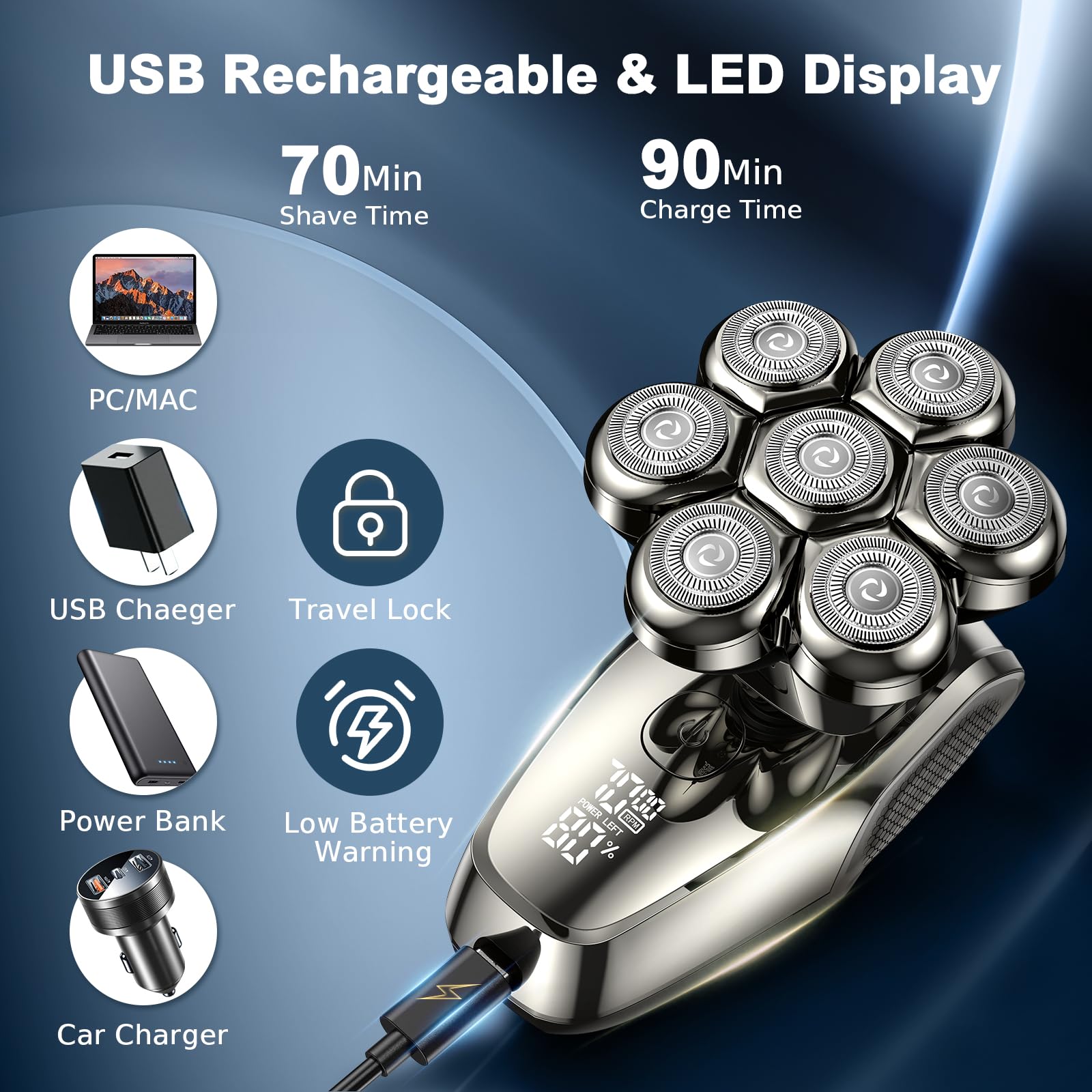 Vylto 7D Head Shavers for Bald Men, Upgrade 5 in 1 Waterproof Electric Razor Men's Grooming Kit, Detachable Wet/Dry Anti-Pinch Head Shavers for Bald Men, LED Display Type-C Charge Head Shaver